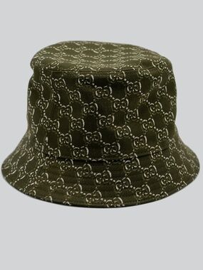 Size M 58cm Gucci Olive Green White GG Cotton Bucket Hat